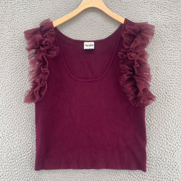 ARULA Sweaters - Arula Top Womens A US 14 16 Burgundy Sweater Knit Stretch Tulle Sleeve Cropped